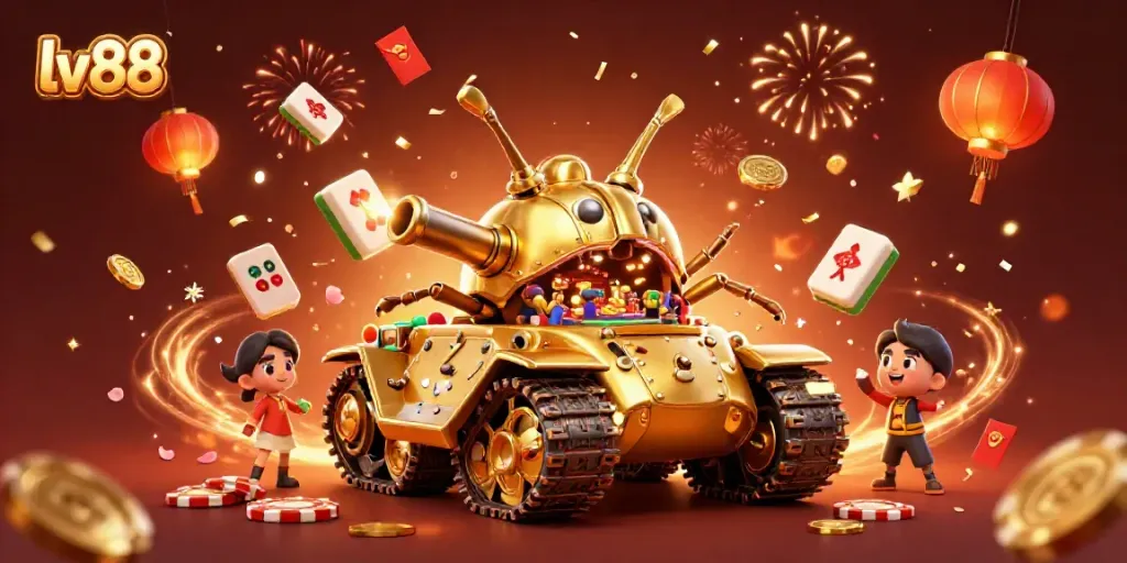 Engage with lv88’s vibrant 3D casino world featuring a golden beetle tank and festive casino elements.