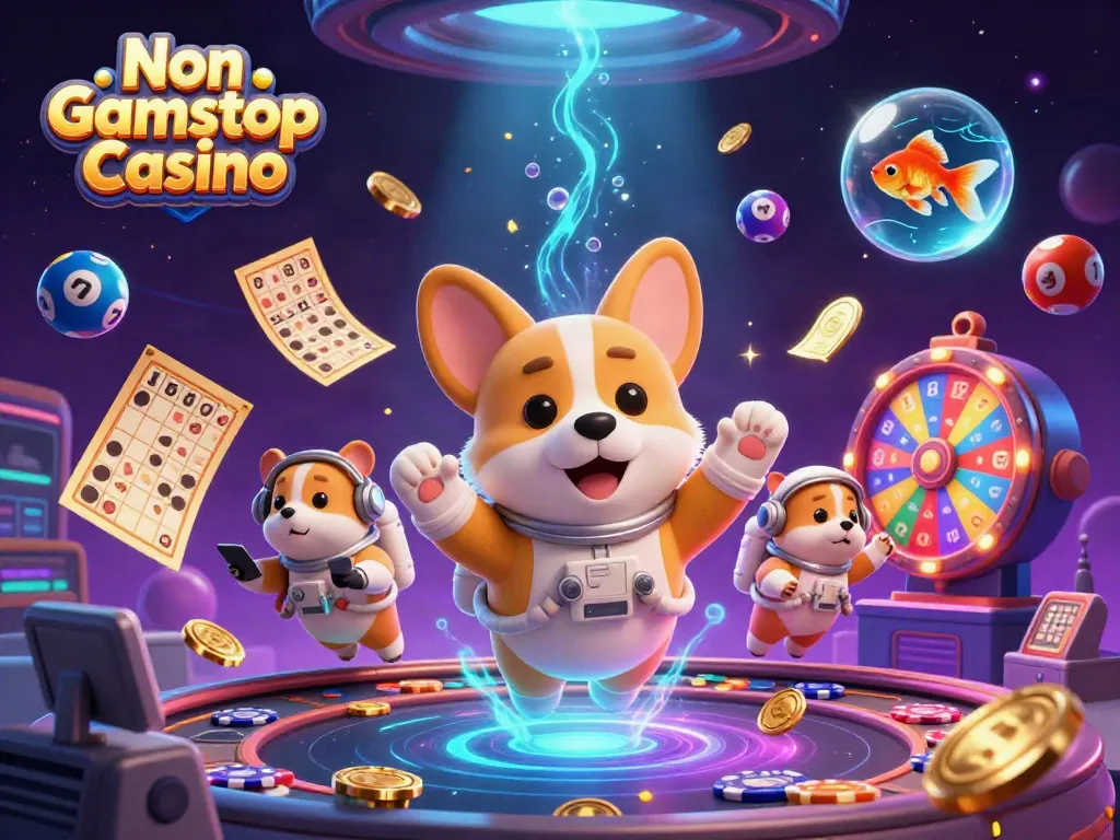 Engaging Non Gamstop Casino scene with playful characters and dynamic gaming elements.