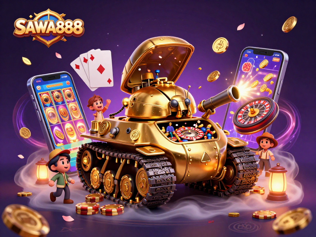 Spin the reels at SAWA888's virtual casino, featuring a unique tank with mini-games and lucky symbols.