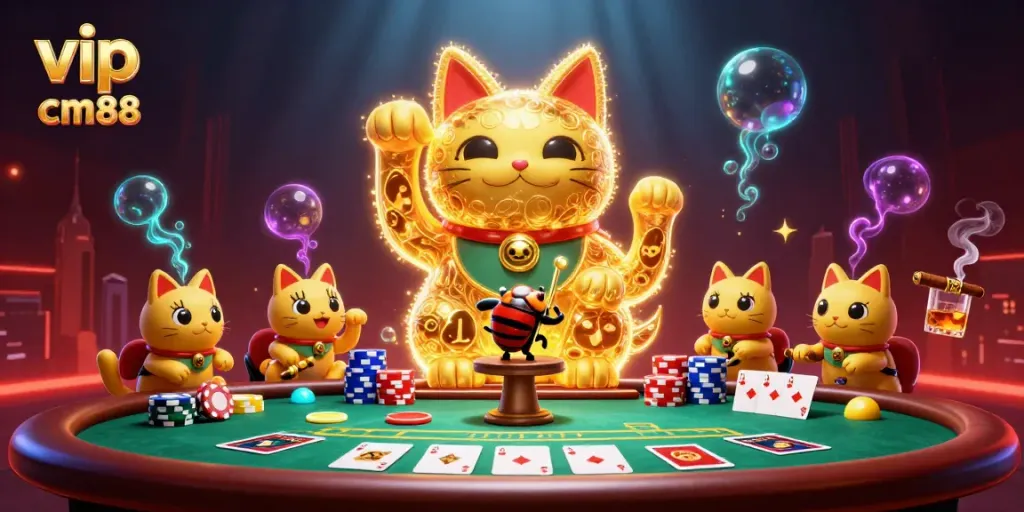 Engage with the thrilling world of vip cm88 through a vibrant casino illustration featuring a lucky cat and poker elements.