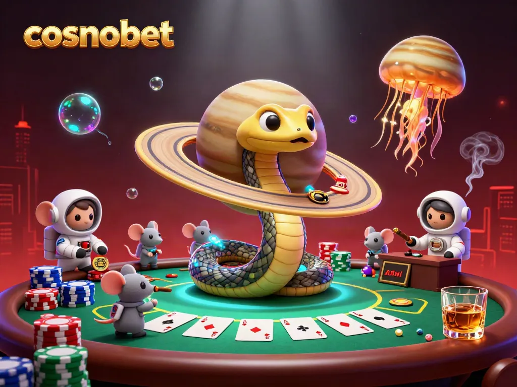 Experience cosmobet as astronaut mice place bets on a roulette wheel made of Saturn's rings.