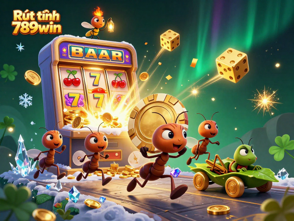 Explore Rút tiền 789win with a dynamic heist scene featuring playful ants and vibrant casino elements.