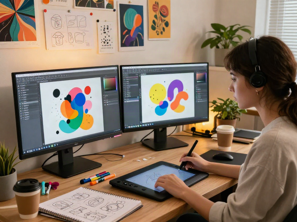 Graphic designer creating AI NSFW art in a vibrant studio.