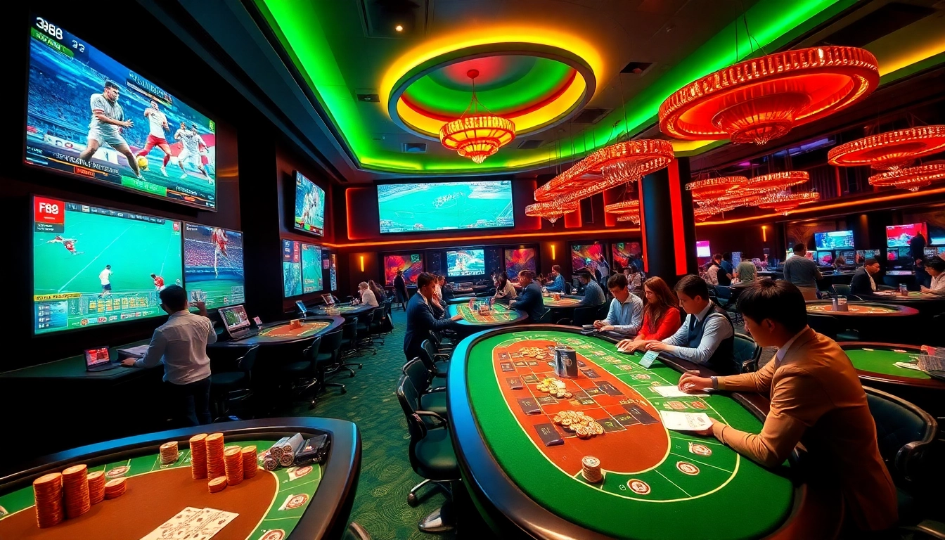 Thể Thao FB88 highlights an exciting sports betting environment with enthusiastic bettors and vibrant casino tables.