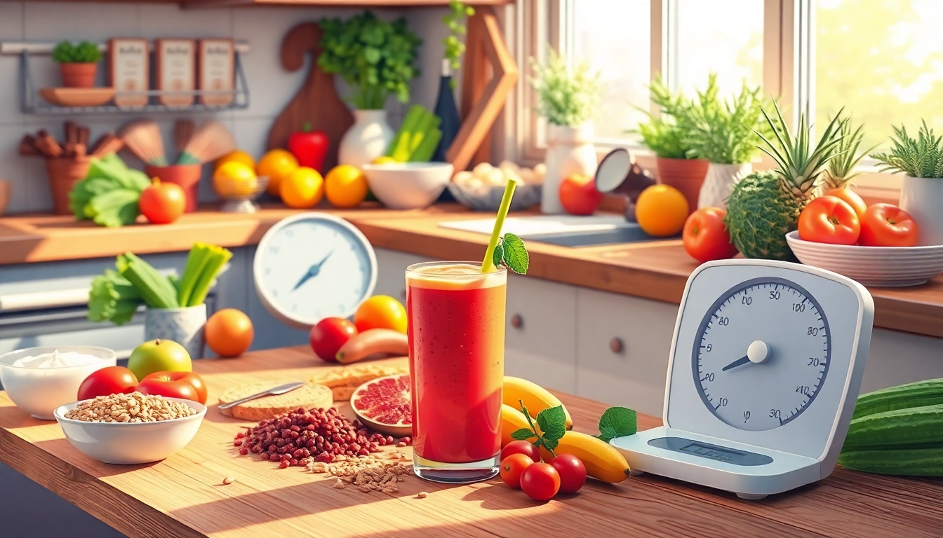 Promote Weight Loss with a colorful kitchen scene showing fresh foods and a scale for balanced health.