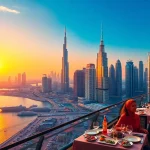 Travel to Dubai and enjoy a stunning sunset skyline view over iconic landmarks like the Burj Khalifa.