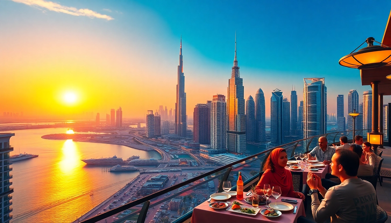 Travel to Dubai and enjoy a stunning sunset skyline view over iconic landmarks like the Burj Khalifa.