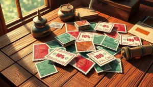 Discover beautiful and unique discount stamps arranged on a rustic table.