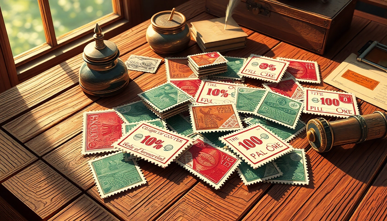 Discover beautiful and unique discount stamps arranged on a rustic table.