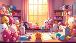 Explore various unique, adorable custom plushies in a cozy workspace setting.