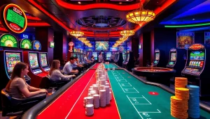 KJC AC 3 casino ambiance with poker tables, slot machines, and roulette wheel.