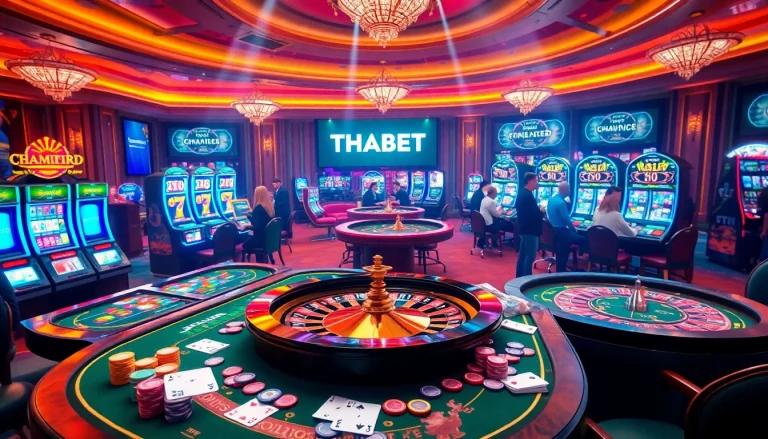 Players enjoying poker at THABET's lively casino tables with vibrant chips and cards.