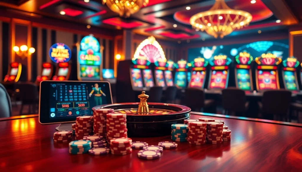Nền tảng thabet features an exciting online casino scene with colorful chips and a roulette wheel.