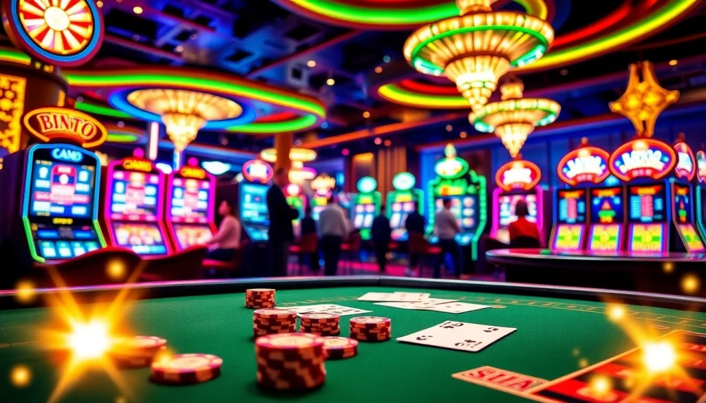 Betting on birutoto at a vibrant casino with thrilling lights and colorful slot machines.