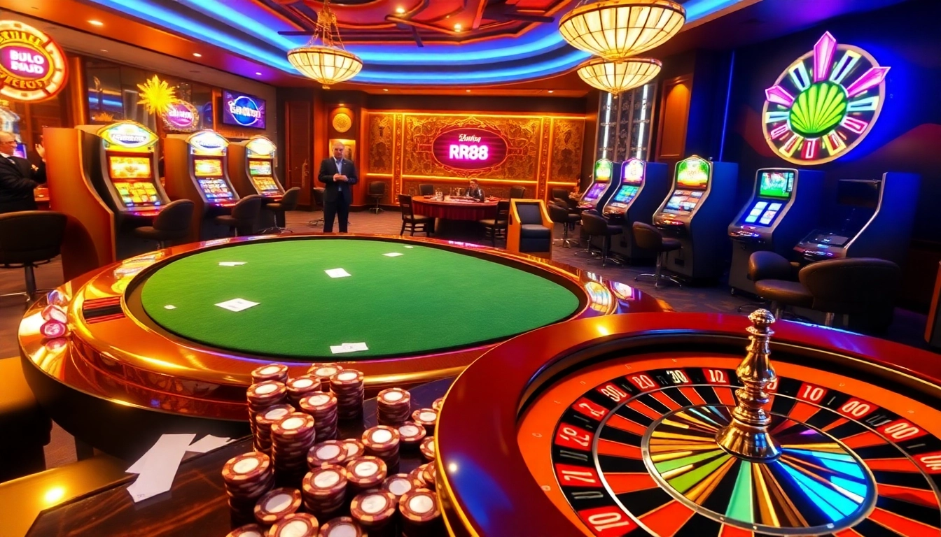 Experience RR88 Đăng nhập with exciting online gambling visuals, featuring vibrant casino elements and luxurious ambiance.