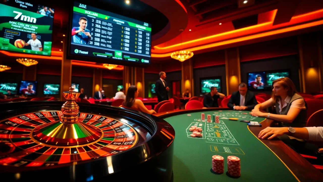 Gamblers engaging in thrilling bets while checking live scores on 7mcn in a luxurious casino setting.