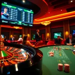 Gamblers engaging in thrilling bets while checking live scores on 7mcn in a luxurious casino setting.