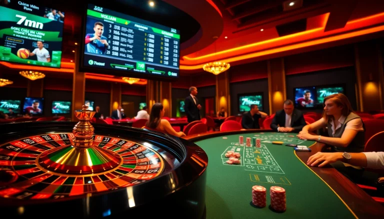 Gamblers engaging in thrilling bets while checking live scores on 7mcn in a luxurious casino setting.