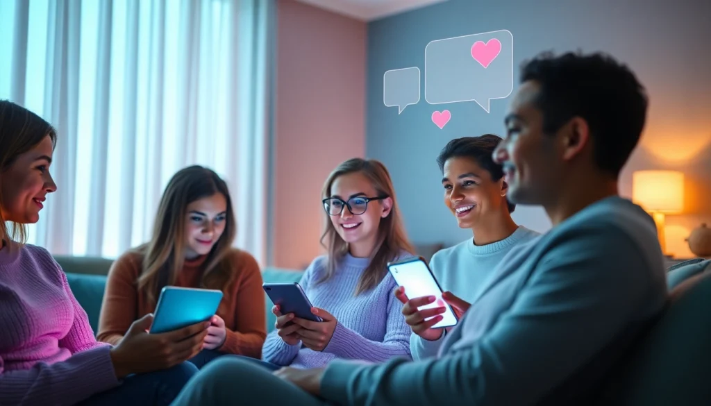 Cozy virtual chat room showcasing diverse individuals discussing sex AI with friendly chatbots.