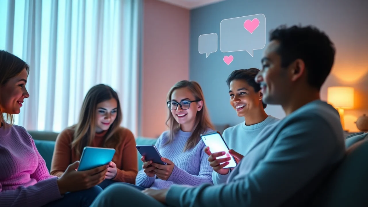 Cozy virtual chat room showcasing diverse individuals discussing sex AI with friendly chatbots.
