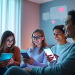 Cozy virtual chat room showcasing diverse individuals discussing sex AI with friendly chatbots.