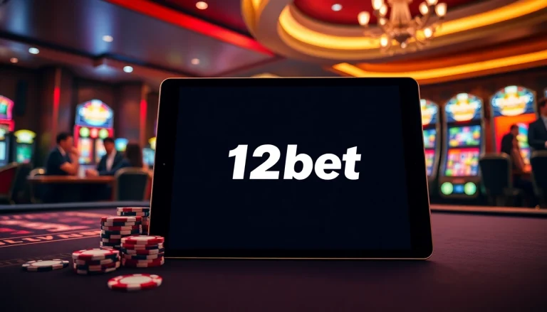 Engaging in online play at 12bet with a vibrant casino setup featuring roulette and slots.