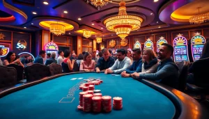 Gamblers enjoying high-stakes play at xx88's luxurious casino, with vibrant tables and exciting atmosphere.