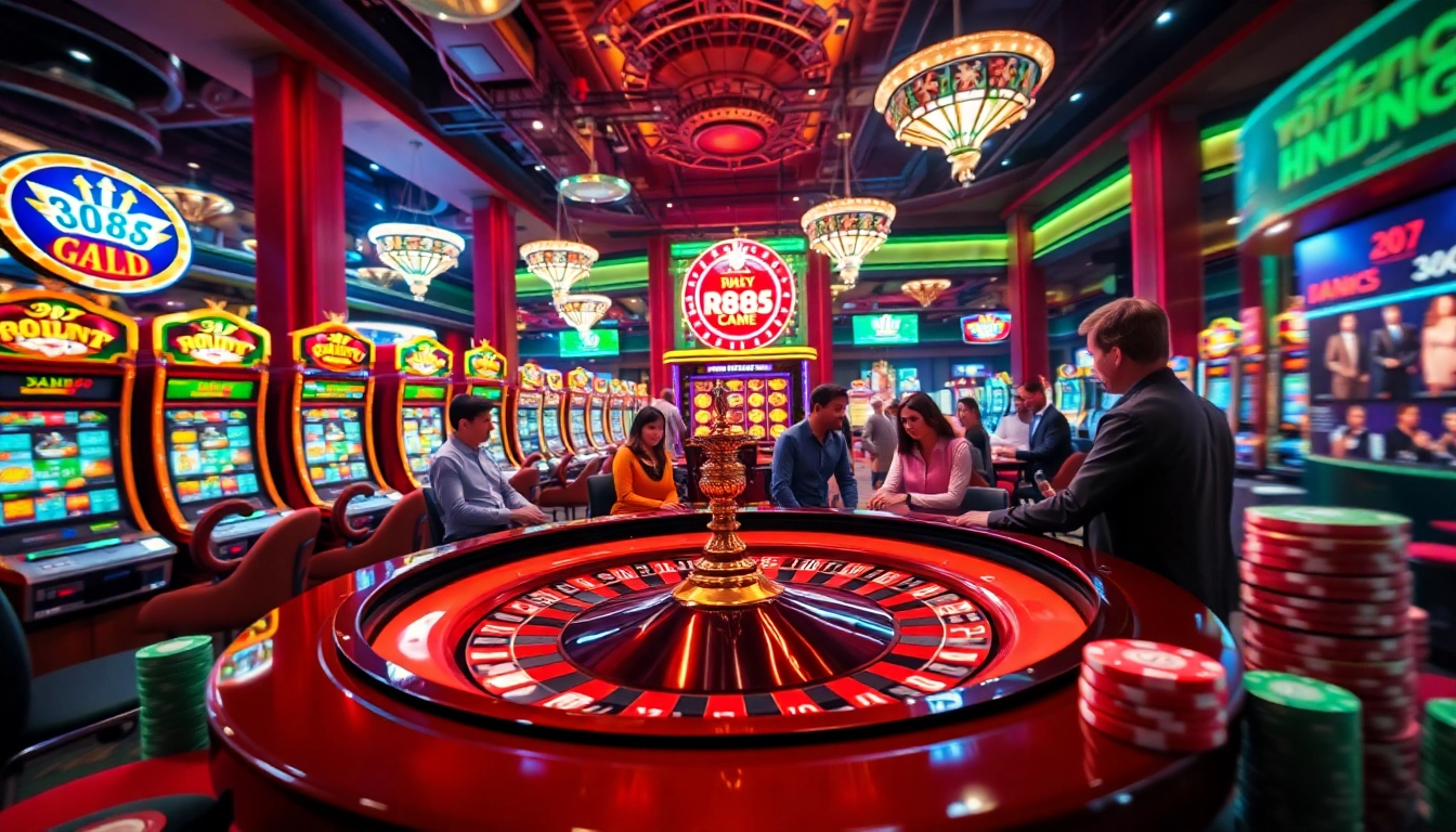 Experience the excitement of RR88 Game with vibrant casino visuals featuring roulette tables and slot machines.