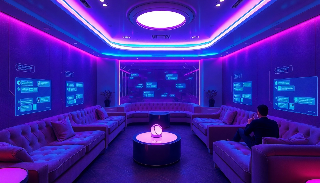 Futuristic lounge depicting AI sex interaction with ambient lighting and digital interfaces.