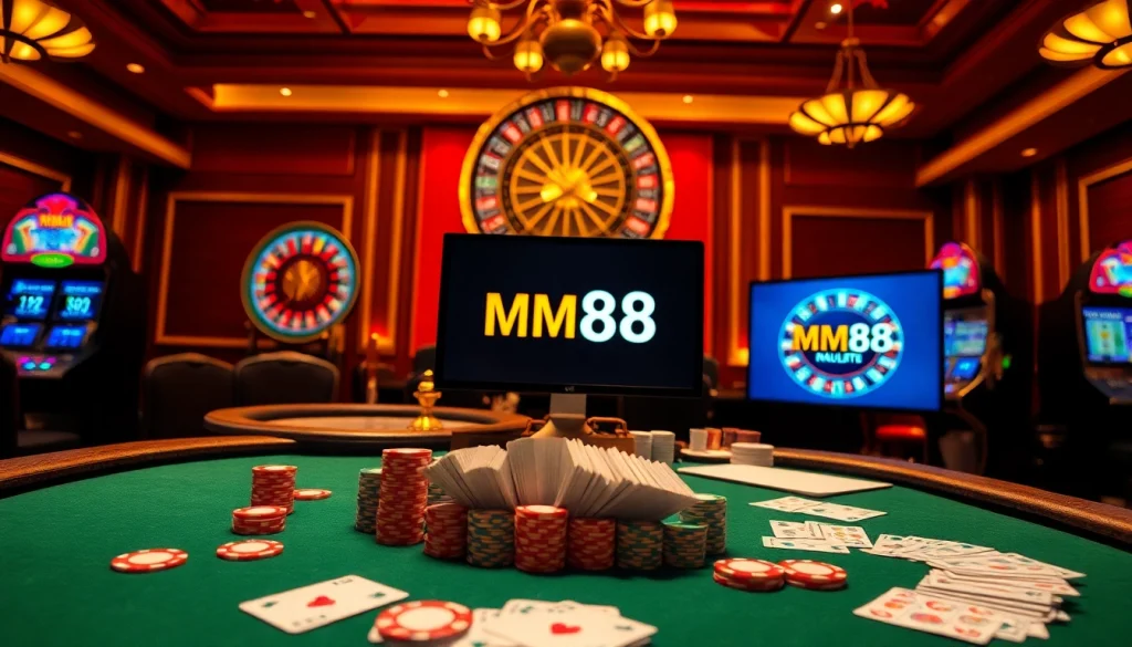 MM88 casino scene with poker chips, roulette wheel, and vibrant betting atmosphere.