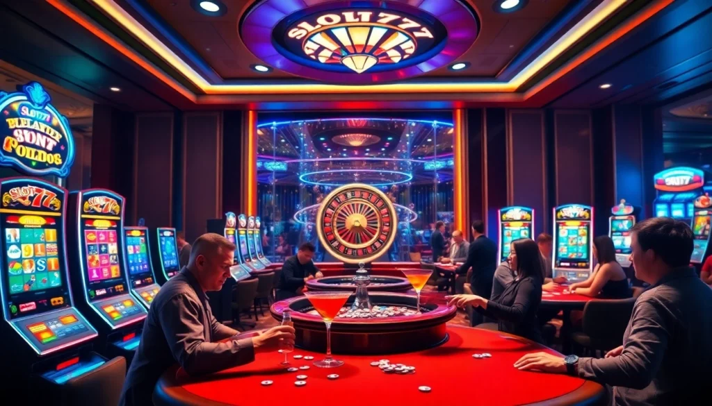 Experience the thrill of Slot777 gaming with vibrant casino scenes and exciting slot machines.