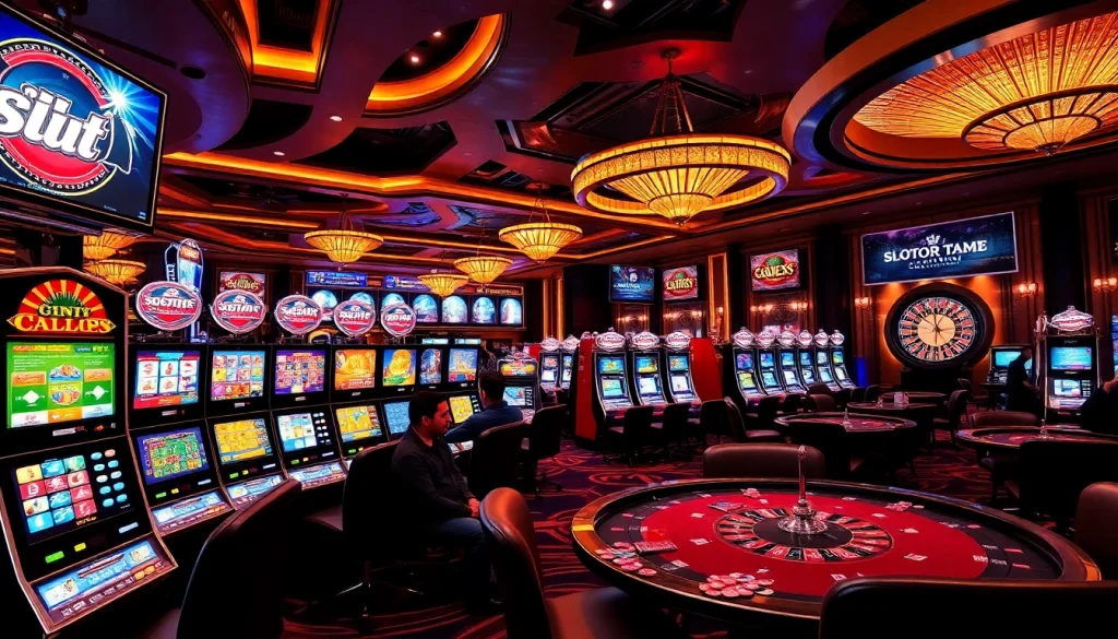 Engaged players enjoying Slot Terpercaya at luxury casino with vibrant slot machines and roulette.