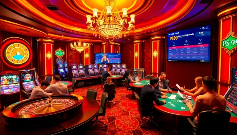 Action-packed gambling scene at PS99 showcasing casino tables and gaming excitement.