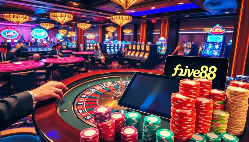 Players enjoying a thrilling game at the five88 casino table, surrounded by vibrant slot machines.