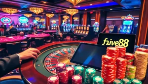 Players enjoying a thrilling game at the five88 casino table, surrounded by vibrant slot machines.