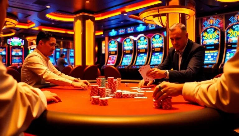 Experience the thrill of Cổng Game 789club at a high-stakes poker table with vibrant decor.