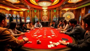 Experience the thrilling action of kjc xx88 at a vibrant poker table surrounded by excited players.