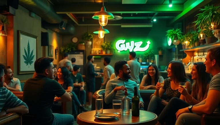 Experience the vibrant atmosphere of Green Guyz cannabis club Madrid with lively patrons enjoying cannabis.