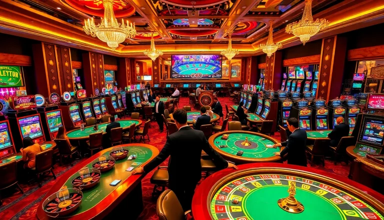 Experience the excitement of gambling at https://vua88h.com/ with vibrant casino visuals highlighting lush decor, poker tables, and slot machines.