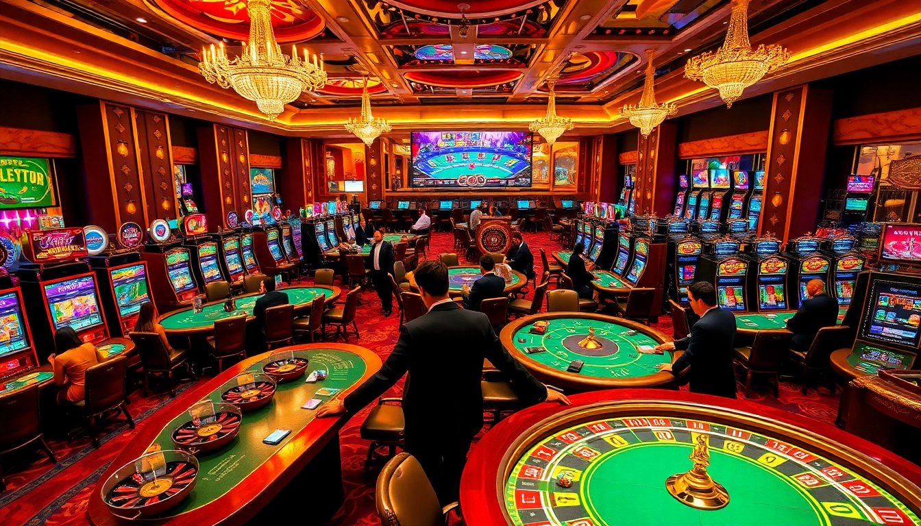 Experience the excitement of gambling at https://vua88h.com/ with vibrant casino visuals highlighting lush decor, poker tables, and slot machines.