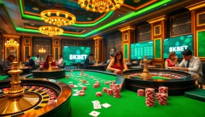Players enjoying a luxurious gambling experience at 8KBET casino tables with vibrant roulette wheels.