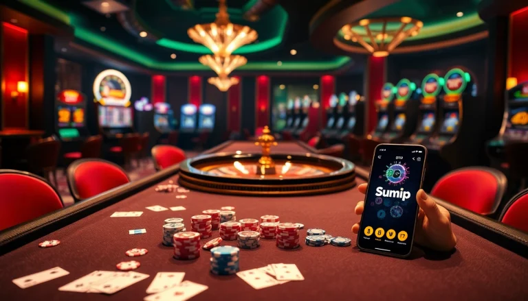 Engage with the sumvip app, featuring vibrant casino tables and dynamic gambling scenes.