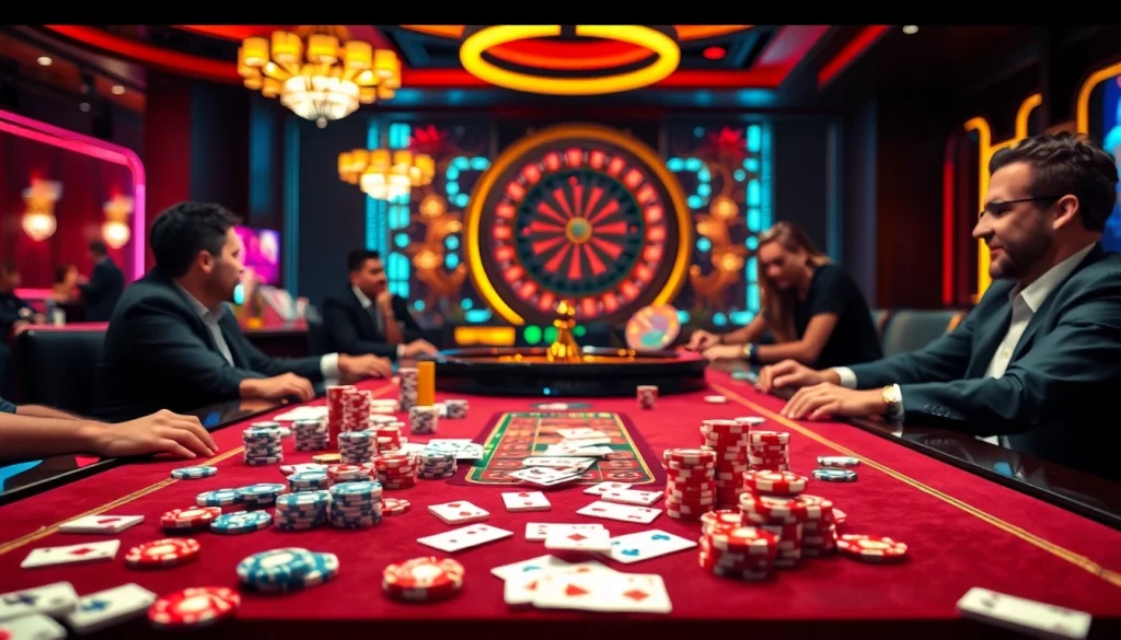 Engaged players enjoying a thrilling gambling experience at the rikvip casino table with colorful chips.
