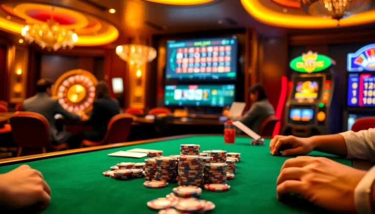 Experience the thrill of PS99 with an elegant casino scene showcasing poker and roulette.