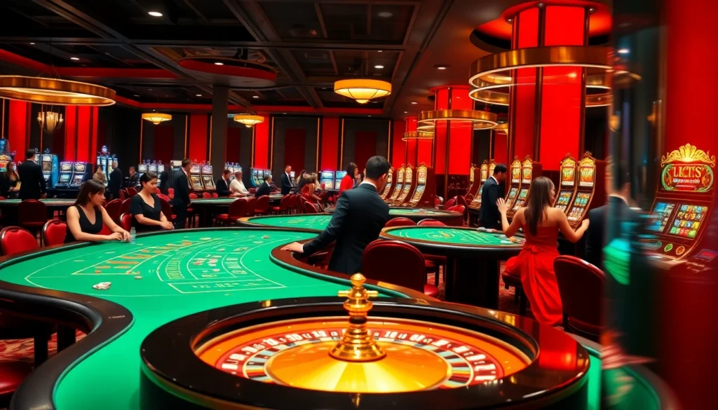 Luck8 vibrant casino scene with players at poker tables and sparkling slot machines.