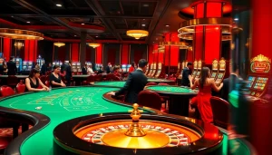 Luck8 vibrant casino scene with players at poker tables and sparkling slot machines.