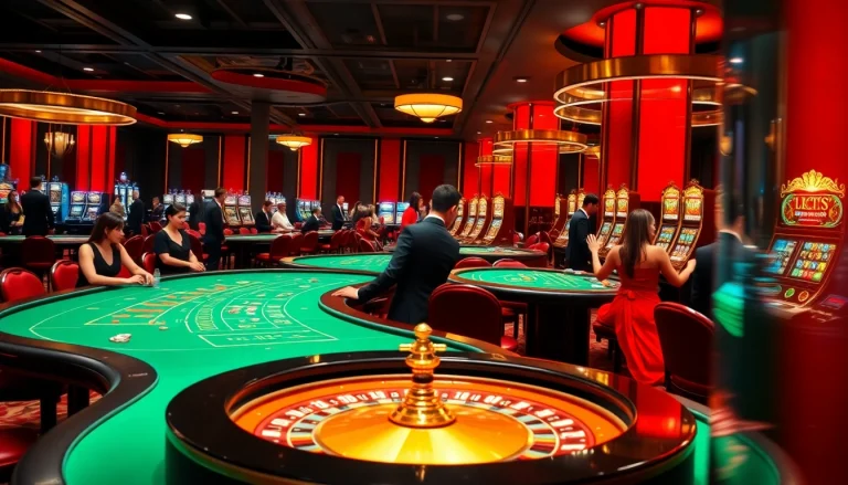 Luck8 vibrant casino scene with players at poker tables and sparkling slot machines.