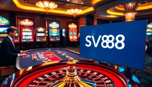 Engaging poker gameplay scene at a casino featuring SV88 themed chips and luxury ambiance.