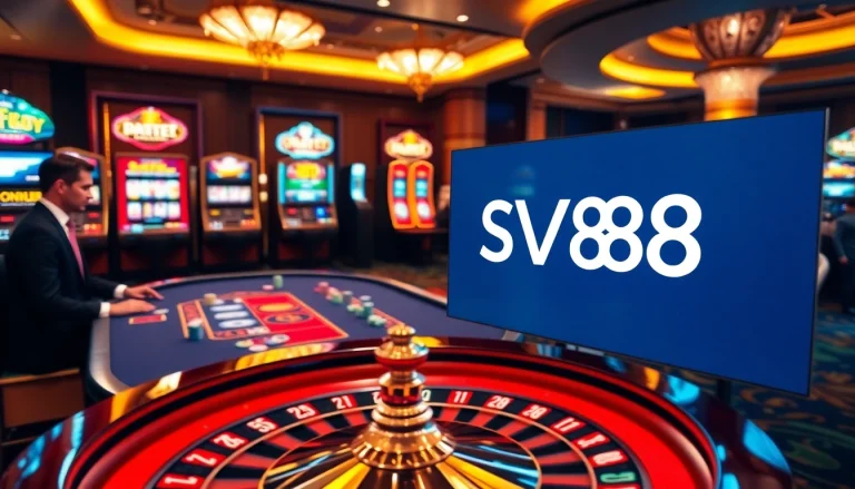 Engaging poker gameplay scene at a casino featuring SV88 themed chips and luxury ambiance.