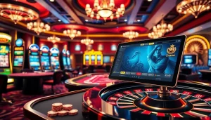 Engaging casino scene featuring the 98win platform with vibrant slot machines and poker tables.